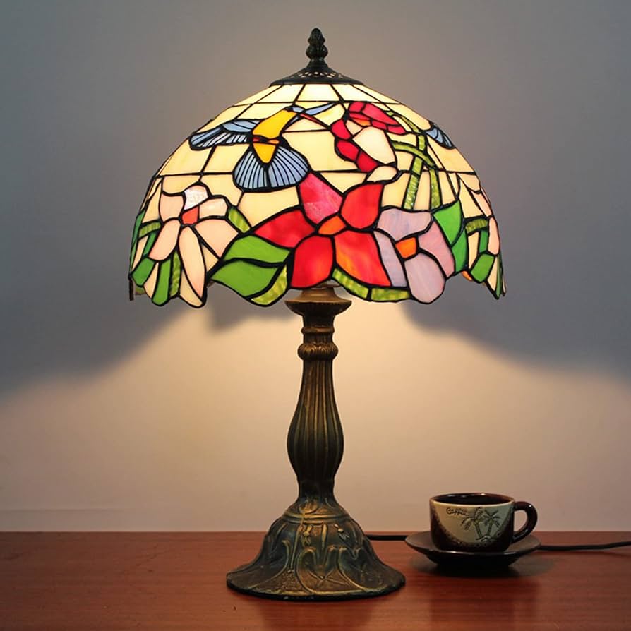 Bird Flower Lamp Tiffany Stained Glass Accent Bedside Table